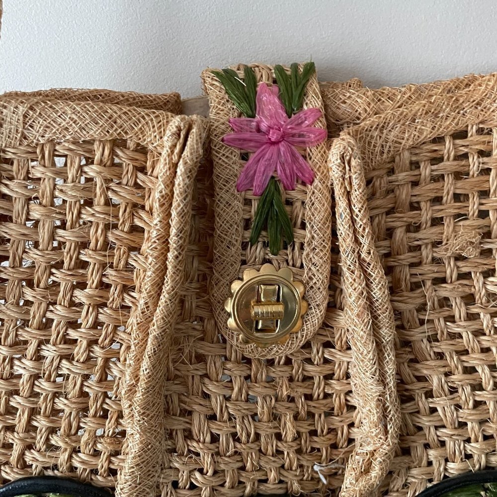 Vintage Crossbody Bag Woven Wicker Straw Floral Boho Brown 11x13 - Picture 6 of 7